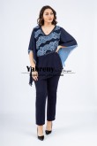 2022 New Arrival Mother of the Bride Pant Suits with Beaded Neckline Asymmetric Blouse Blue mps-692-1