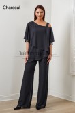 2PC Charcoal Chiffon Women's Pant Suits,Hot Sale Mother Of The Bride Pant Suits, Ropa de mujer mps-579-2