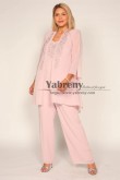 3PC Plus Size Pink Chiffon Woman's Pants Suits With Crystal Drill, Cintura elástica en el pantalón,الدعاوى السراويل النسائية mps-571-2