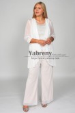 3PC White Chiffon Loose Mother of the Bride Pants Suit, Plus Size Women's Trousers Outfits mps-541-3