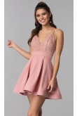 Blushing Pink Lace-Bodice V-Neck Homecoming Dress,A-line Mauve Charming Party Dresses sd-037