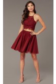 Burgundy Lace Hand Beading Two-Piece Homecoming Dress, A-line Above Knee Graduation Party Dresses sd-033-2