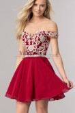 Burgundy Off-the-Shoulder Homecoming Dress,Beaded-Bodice Mini Above Knee Dress sd-005-1