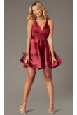 Burgundy Satin Short Dress with V-Neckline, A-Line Homecoming Dresses,Robes de bal sd-064-2