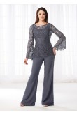 Charcoal Mother of the bride pant suits gray Lace Two piece pants outfit mps-276