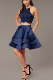 Dark Blue A-line Party Dress,Caged-Back Lace-Top Two-Piece Homecoming Dress sd-009-2