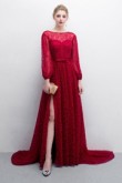 Burgundy Hand Beading Court Train Prom dresses With Puff sleeve so-011