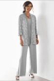 Elegant Gray Mother of the bride pant suits Elastic waist pants 3 piece Lace outfit mps-181