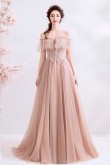 Hand Beading Empire Prom Dresses Brush Train Pearl Pink Evening Dresses TSJY-128