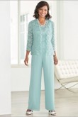Jade Blue lace Elegant Mother of the bride pant suits with Lace jacket  Elastic waist Trousers outfit Aqua mps-094