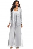 Light Gray 3pc mother of the bride pants suits with lace jacket mps-071