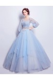 Long Sleeves Sky Blue Ball Gown Weding Dress Jewel Quinceanera Dresses TSJY-182