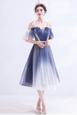 lovely Spaghetti Dark Blue Mid-Calf gradient prom Dresses TSJY-090