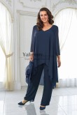 Navy Flowy Two Pieces  Pearl Embellished Chiffon Mother of the Bride Pant suits Outfits mps-728