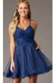 Navy Glitter-Mesh Open-Back Homecoming Party Dress, A-line Graduation Dresses sd-027