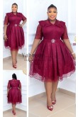 Plus Size Burgundy Sequins Mid-Calf Prom Dress with Belt,Robe De Bal Grande Taille so-303