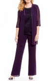 Purple Elastic waist Mother of the bride Trousers set Chiffon Beaded Neck pants outfit mps-130
