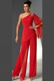Red chiffon pants outfit One Shoulder Mother of the bride pant suits dresses mps-182