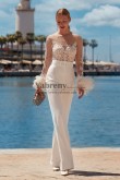 Romance Beaded Lace Bodice Wedding Jumpsuits Dresses Feathers Cuff to Sleeves so-357