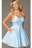 Sky Blue Short Dresses,Pleated Bodice Satin Homecoming Dresses,Spaghetti Vestidos De Fiesta sd-050-3