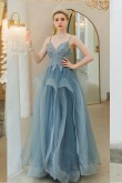Spaghetti Ruffles Prom Dresses Hand Beading Blue Evening Dresses TSJY-122