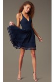 Dark Blue Chiffon Homecoming Dress,Under $100 V-Neck  Short Dreses sd-012-4