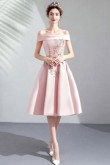 Yabreny A-line Off the Shoulder prom Dresses Chest Appliques pink Knee-Length Homecoming Dresses TSJY-033