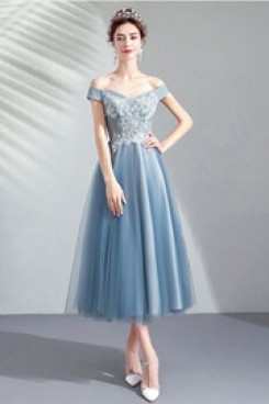 2020 Sky Blue lace Homecoming Dresses Off the Shoulder Mid-Calf prom dress TSJY-043
