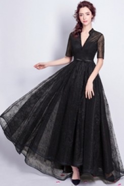 2020 Black Discount Glamorous Short Sleeves prom dresses TSJY-078
