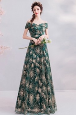 2020 Fashion A-line Green Empire Off the Shoulder Prom Dresses TSJY-084