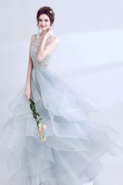 2020 Fashion Multilayer gowns light Blue Tiered beach wedding Dresses TSJY-085