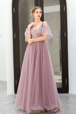2020 Popular Floor-Length Spaghetti Pearl Pink prom dresses TSJY-079