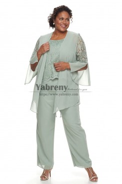 2022 Flowy Plus Size Mother of the Bride Pant Suits with Jacket Sage Women Outfits mps-735