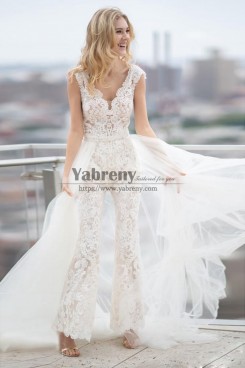 2022 Spring Lace Wedding Jumpsuits With Tulle Overskirt Beaded Waist Bridal Jumpsuits so-345