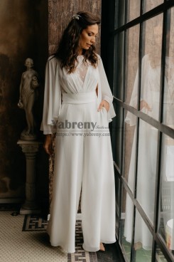 2022 Stylish Chiffon Wedding Jumpsuits with Cape Sleeves Wide Bridal Pant Suits so-342
