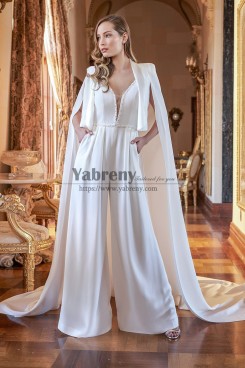 2022 Stylish Wedding Jumpsuits with Long Cape Jacket Wide Pants so-347