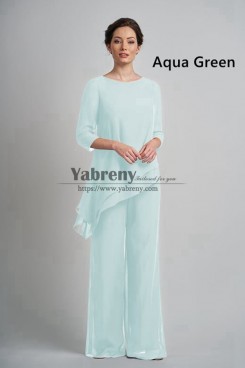 2 Piece Mother of the Bride Pant Suits,Aqua Green Chiffon Spring Women Elastic Waist Pant Outfits mps-756-4