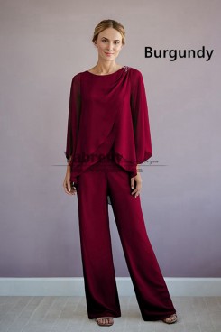 2 Piece Spring Mother of the Bride Pant Suits, Burgundy Chiffon groom mother for Wedding Guest mps-755-3