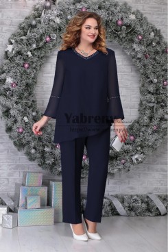 2PC Dark Navy Chiffon Trousers Set for Mother of the Bride,Trajes de mujer mps-523-1