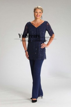 2PC Dark Navy Lace Women's Outfit Mother of the bride Pant Suits mps-486