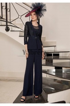 2pc Elegant Dark Navy Mother Of The Bride Outfits, Draped-Pleated-Bodice Women Pant Suits mps-814