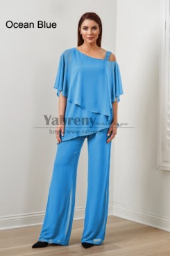 2PC Ocean Blue Chiffon Women's Pant Suits,Hot Sale Mother Of The Bride Pant Suits ,Abbigliamento femminile mps-579-5