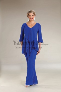 2PC Royal Blue Chiffon Mother of the bride Pant suits Women's Trousers Sets mps-481
