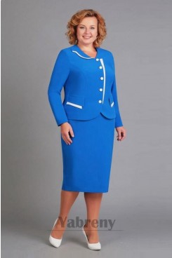 2Pc Royal Blue Plus Size Women's Suits Dress, Elegant  Long Sleeves Women's Dresses mps-823