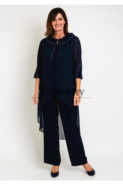 3 Pc Dark Navy Mother Of The Bride Outfits, Dressy Hand Beading Long Sleeves Women Pant Set mps-809-2
