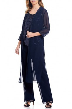 3 Piece Loose Dark Navy Half Sleeves Mother Of the bride Pants Suits with Sequined Vest mps-287