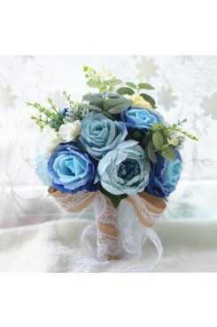 Beautiful Blue Artificial Flowers Rose flowers for bride Bouquet with green leaves