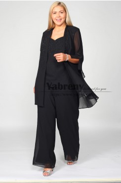 3PC Plus Size Black Chiffon Woman's Pants Suits, Cintura elástica en el pantalón,الدعاوى السراويل النسائية mps-571-4