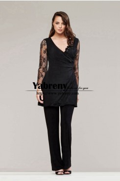 Black Elegant V-Neck Mother of the Bride Pant Suits Sleeves Women Outfit for Wedding Guest mps-699