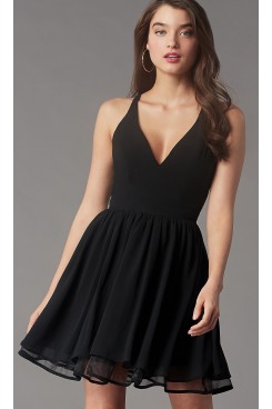 Black Lace Chiffon Graduation Party Dress, Under $100 V-Neck Sexy Prom Dresses sd-031-1